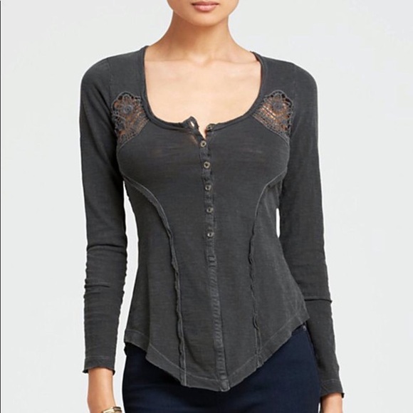 Free People Tops - Free People Crochet Henley Gray Top S